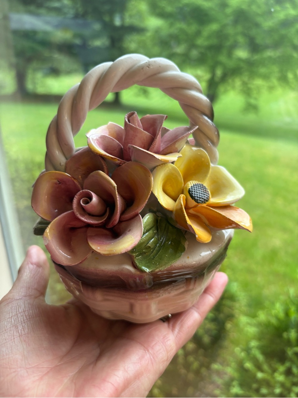 Antique Napoli Capodimonte 5” Flower Basket Roses Blue Orange Pink Yellow Signed